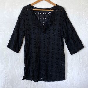 J. Crew Black Eyelet Cotton V Neck 3/4 Sleeve Tunic Top Womens Size‎ M